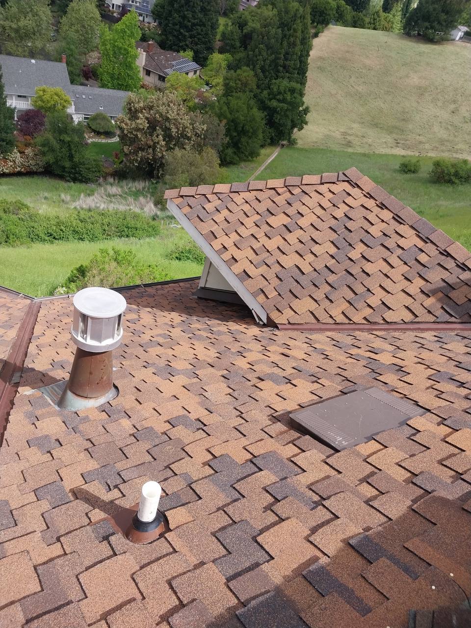 Close aerial detail of finished Presidential Shake TL shingles and roof vents